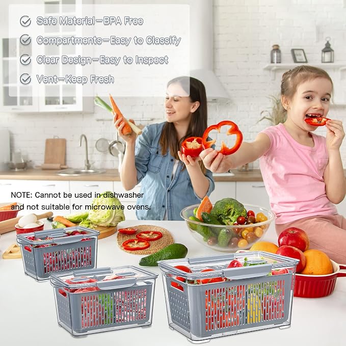 Fistone Fresh Produce Fruit Vegetable Storage Containers 3Piece Set, BPA-Free Fridge Storage Container with Lid & Colander, Fridge Organizers, Keep Fresh for Produce,Fruit and Vegetable - Image 2