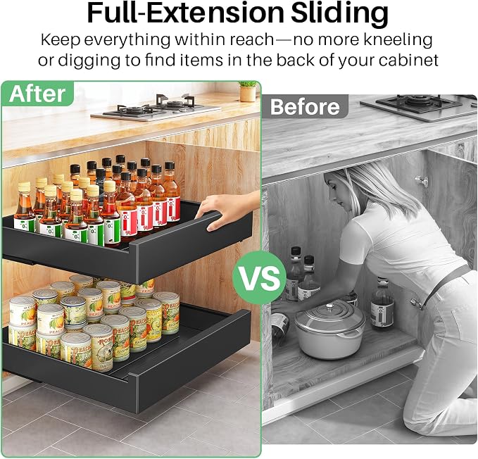 Pull Out Cabinet Organizer with Nano Adhesive, Heavy Duty Full-Extension Slide-Out Drawer for Kitchen Cabinet Organizers and Storage, No Drill Roll out Pantry Shelf, 18.5"W x 16.9"D x 3.1"H , Black - Image 3