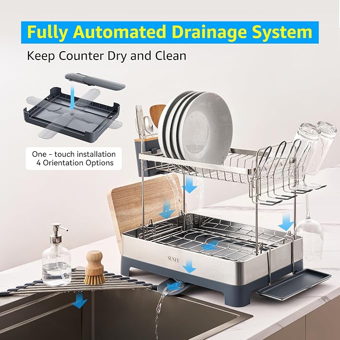 Large Dish Drying Rack, Multipurpose 2 Tier Dish Racks for Kitchen Counter, 304 Stainless, Extra Large Drain Board, Gray - Image 4