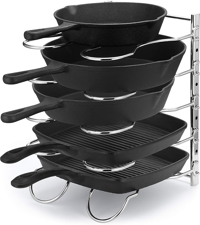 Heavy Duty Pan Rack, Pot Lid Rack, Kitchen Cabinet Pantry Cookware Organizer Rack Holder with 5 Adjustable Dividers, Chrome by CAXXADIRECT