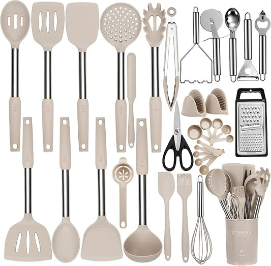 NCUE 35 Pcs Silicone Cooking Utensils Set BPA Free 446°F Heat Resistant | Stainless Steel Handles Kitchen Utensils Set, Thickened Heads Silicone Grips Nonstick Dishwasher Safe for Baking Housewarming by NCUE