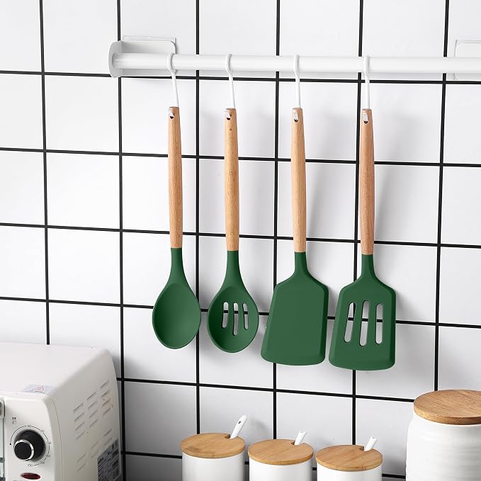 Country Kitchen Non Stick Silicone Utensil Set with Rounded Wood Handles for Cooking and Baking, 14 Piece Set, Green - Image 7