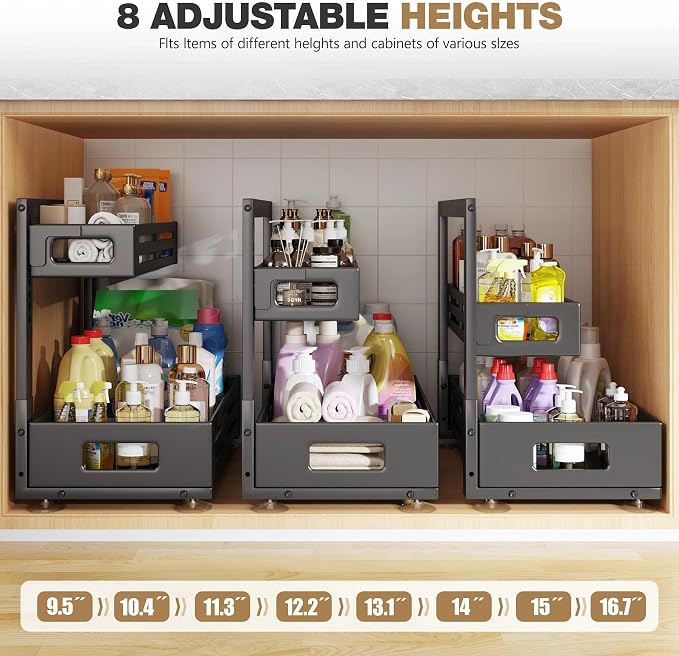 2 Pack 21IN-Depth Under Sink Organizer,Pull Out Cabinet Organizer With Smooth Cylindrical Rail,Metal Slide Out Drawer for Kitchen Bathroom Laundry,8-Level Tool Free Height Adjustable-Black - Image 9