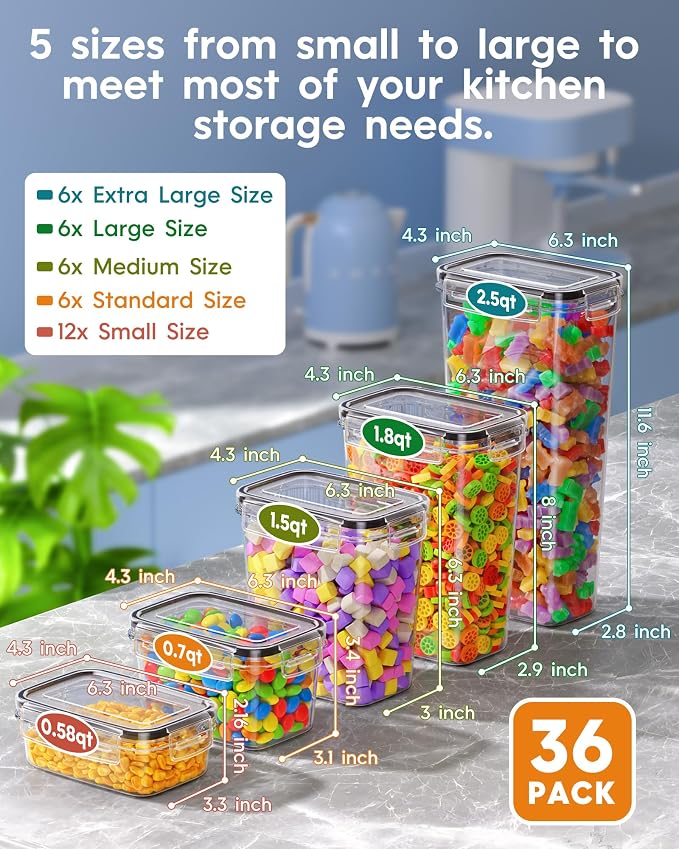 KEMETHY 36 PCS Airtight Food Storage Containers with Lids, Kitchen Pantry Organization and Storage, BPA-Free Plastic Scale Food Canisters for Cereal, Flour, Sugar, Dry Food, Include Labels & Marker - Image 2