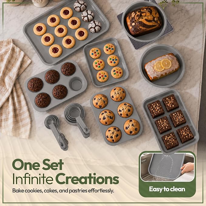 Non-Toxic 11-Piece All-in-One Nesting Bakeware Set - Space-Saving Stackable Nonstick Carbon Steel Baking Pans Set, PFOA-Free, Cookie Sheet, Roasting Pan, Square, 2 Muffin & 2 Cake Pans - Image 5