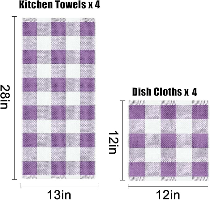 Homaxy Kitchen Towels and Dishcloths Set, Set of 8, White & Purple | Bulk Cotton Waffle Weave Check Plaid Kitchen Towels, Super Soft and Absorbent Dish Cloths, 12 x 12 and 13 x 28 Inches - Image 4