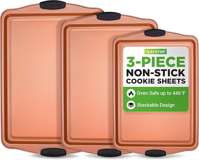 NutriChef 3 Piece Cookie Sheets for Baking - PFOA, PFOS, PTFE Free Nonstick Carbon Steel Bakeware Set - Home Kitchen Bake Pan Cookie Sheet Stackable Baking Sheet w/Black Silicone Handles NCSBS3S45 by NutriChef%E2%84%A2Kitchen