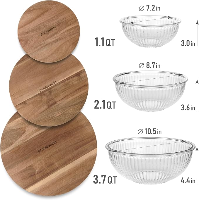 Set of 3 Stackable Space-Saving Nesting Glass Salad Bowls with Acacia Lids for Foodprep, Storage, Baking, Mixing & Cooking - Microwave Safe Durable Inert Borosilicate Glass - Image 2