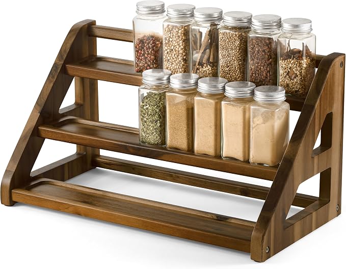 Tinamo Acacia Wood Spice Rack, 3-Tier Spice Rack Organizer for Countertop | Solid Acacia Wood, 3-tier Spacious Design for 24 Spice Jars, Cutout Grooves for Secure Storage, Easy Assembly, Walnut Finish by TINAMO