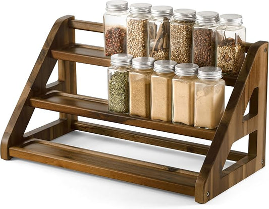 Tinamo Acacia Wood Spice Rack, 3-Tier Spice Rack Organizer for Countertop | Solid Acacia Wood, 3-tier Spacious Design for 24 Spice Jars, Cutout Grooves for Secure Storage, Easy Assembly, Walnut Finish by TINAMO