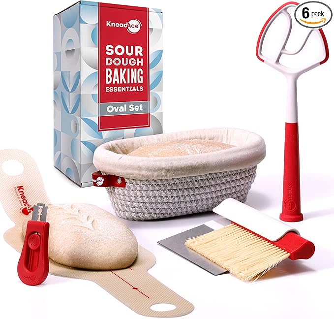 KneadAce Essential Sourdough Starter Kit - Artisan Bread Baking Tools | Bake with this Sourdough Kit: Oval banneton proofing baskets, dough whisk, bread lame, scraper & brush set, bread sling by KneadAce-DesignedbyBakers