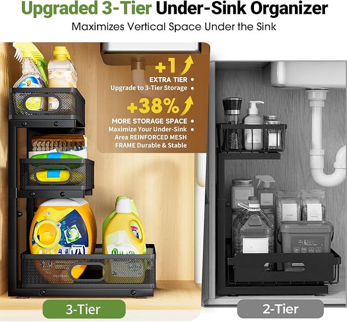 Under Sink Organizer 3 Tier, 2 Pack L-Shaped Pull-Out Cabinet Organizer with Sliding Metal Mesh Drawers, Height Adjustable Under Sink Storage Rack for Kitchen Bathroom Cabinet, Black - Image 4