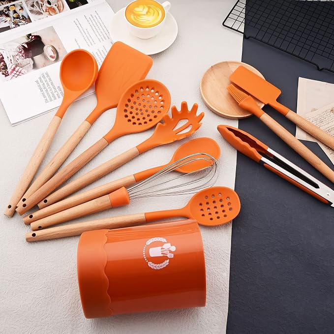 JASHII Orange Silicone Kitchen Utensils Set Orange Rubber Spatulas with Wooden Handle, Silicone Cooking Utensils with Holder, Heat Resistant for Nonstick Cookware - Image 4