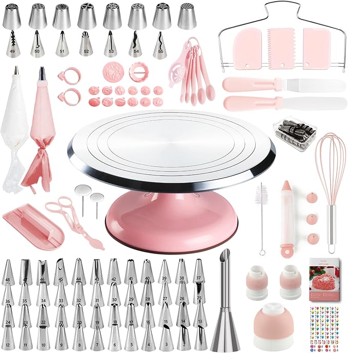 Cake Decorating Supplies Kit Set of 138pcs | 12 Inch Aluminium Cake Turntable, 64 Numbered Icing Piping Tips, 2 Spatulas, 3 Icing Comb Scraper and Leveller, Piping Bags by BOYUN