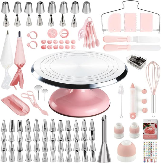Cake Decorating Supplies Kit Set of 138pcs | 12 Inch Aluminium Cake Turntable, 64 Numbered Icing Piping Tips, 2 Spatulas, 3 Icing Comb Scraper and Leveller, Piping Bags by BOYUN