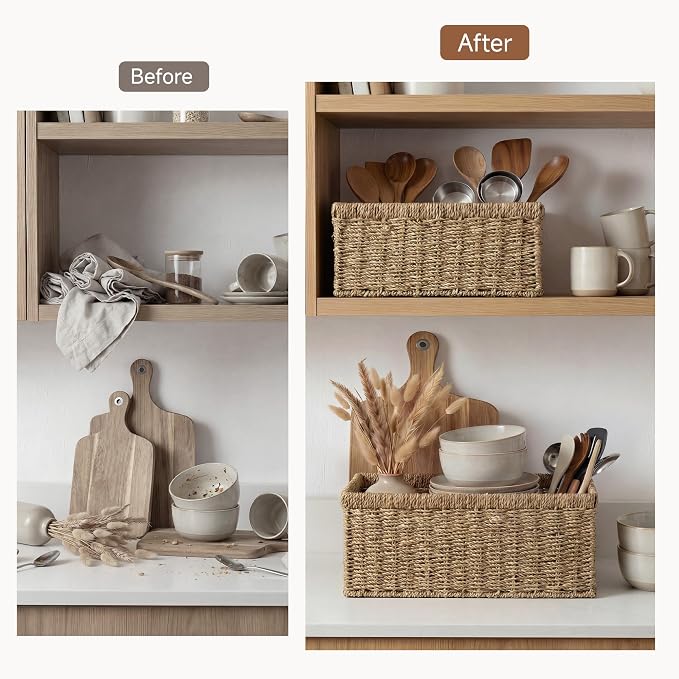 StorageWorks Wicker Storage Baskets,Natural Seagrass Storage Baskets,2-Pack | Seagrass Baskets for Storage, Seagrass Woven Storage Baskets with Built-i Handles, Decorative Woven Baskets for Storage - Image 6