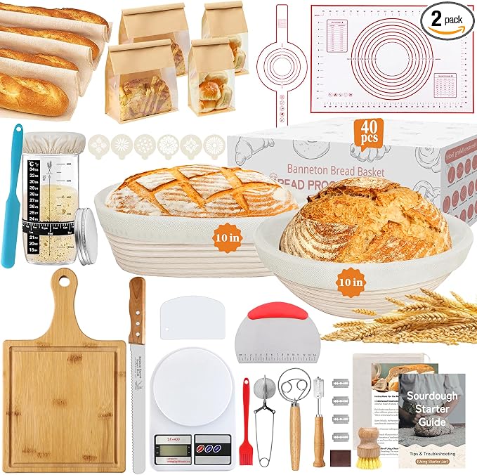 Aliggbent 40Pcs Sourdough Starter Kit, Banneton Proofing Baskets, Scale Jar | Bread baking supplies cutting board knife, 24oz digital, round oval, danish whisk lame sling scraper bags dough tools liners by AliggbentGoodChoice