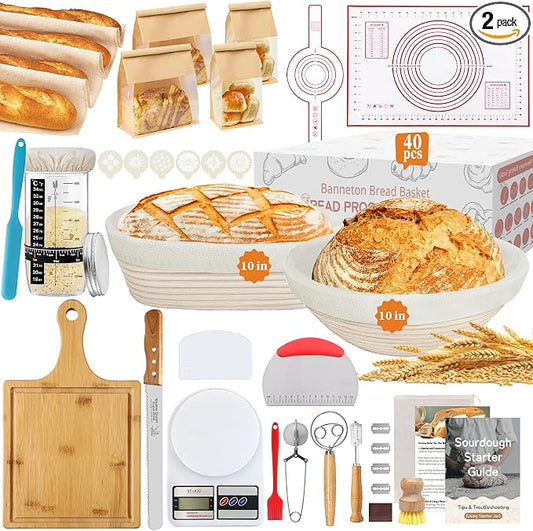 Aliggbent 40Pcs Sourdough Starter Kit, Banneton Proofing Baskets, Scale Jar | Bread baking supplies cutting board knife, 24oz digital, round oval, danish whisk lame sling scraper bags dough tools liners by AliggbentGoodChoice
