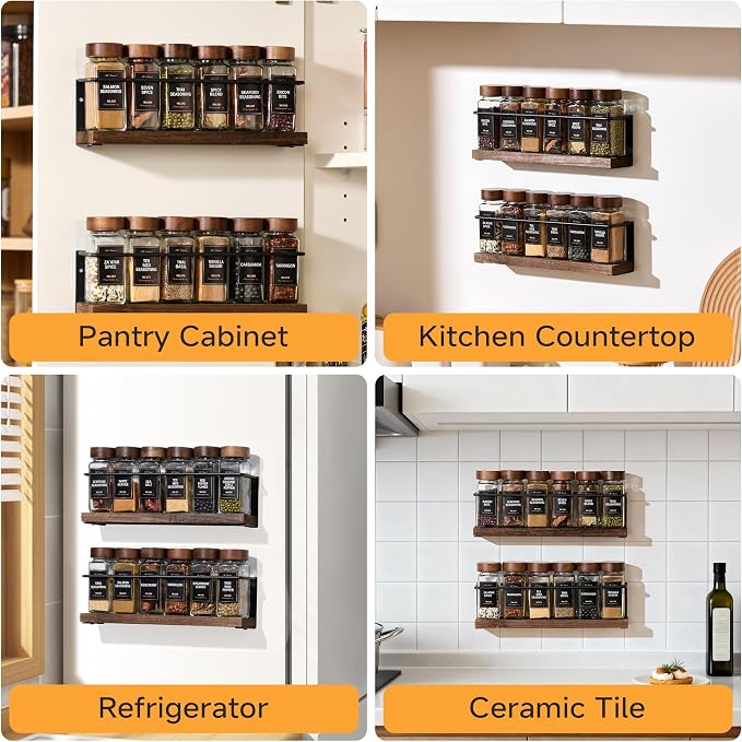 2-Tier Wall Mount Spice Rack Organizer with 12 Glass Jars, 216 Labels & Funnel - Screw/Adhesive Mount, Black Metal & Wood Spice Storage for Kitchen Pantry Cabinet, 11.6”L x 2.4”W x 3.2”H - Image 7