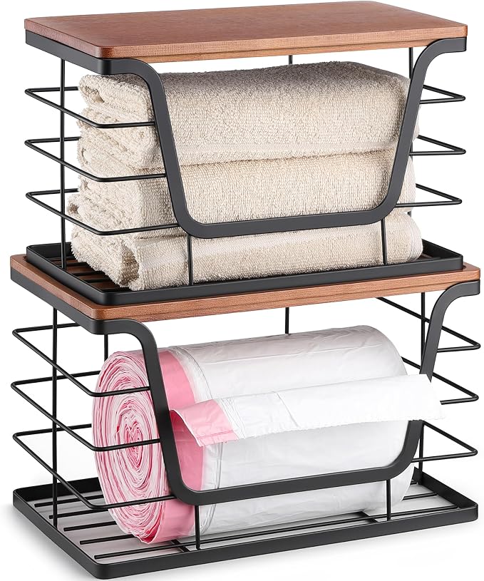 ALOCEO 2 Pack Stackable Storage Bins with Lids, Stainless Steel Extra Large Trash Bag Dispenser Roll Holder for Kitchen Sink, Laundry, Pantry Organizer and Storage, Walnut Black by ALOCEOWallHooksAdhesive