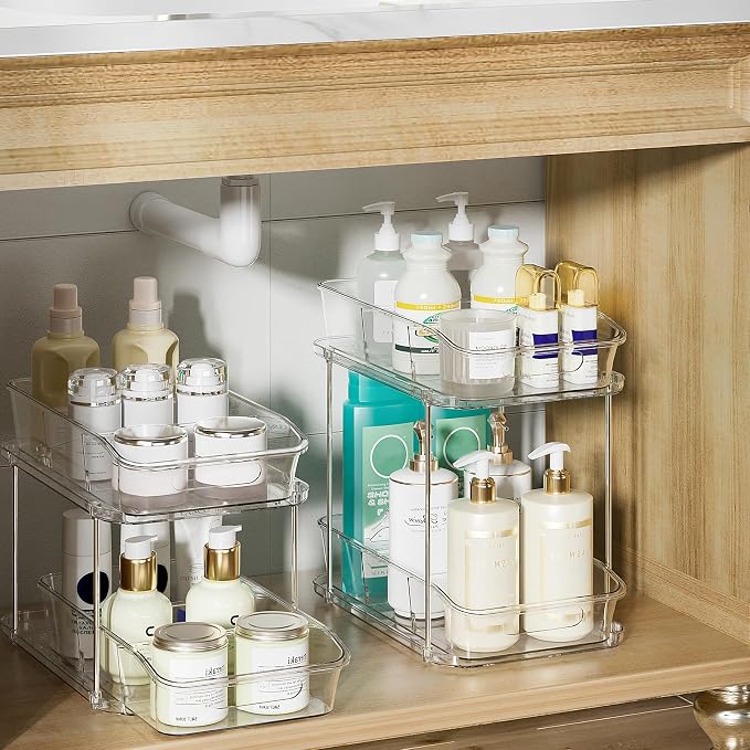 Delamu Bathroom Under Sink Organizers and Storage, 2 Pack, Clear | 2-Tier Multi-Purpose, Stackable, Pull Out Cabinet Kitchen Pantry Organization and Storage with Dividers - Image 3