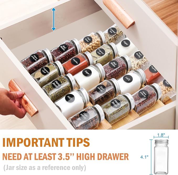 Bamboo Spice Drawer Organizer, 4 Tier Expandable From 13" to 26" - Image 6