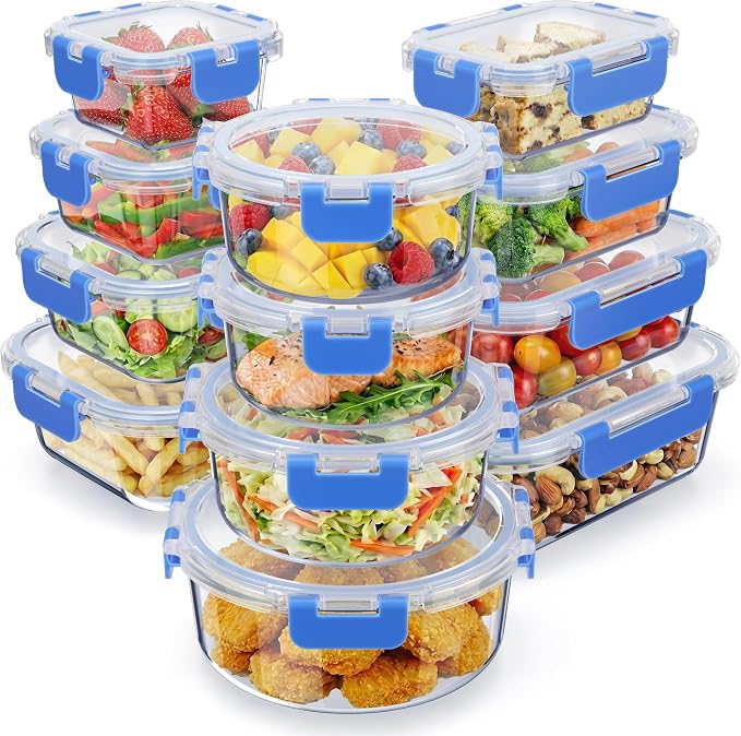 Emporio Kitchen Borosilicate Glass Food Storage Containers with Lids 24 Pieces, BPA-Free Stackable Lunch & Leftover Containers, Microwave, Freezer & Dishwasher Safe, 100% Airtight Leak-Proof, Blue by Unknown