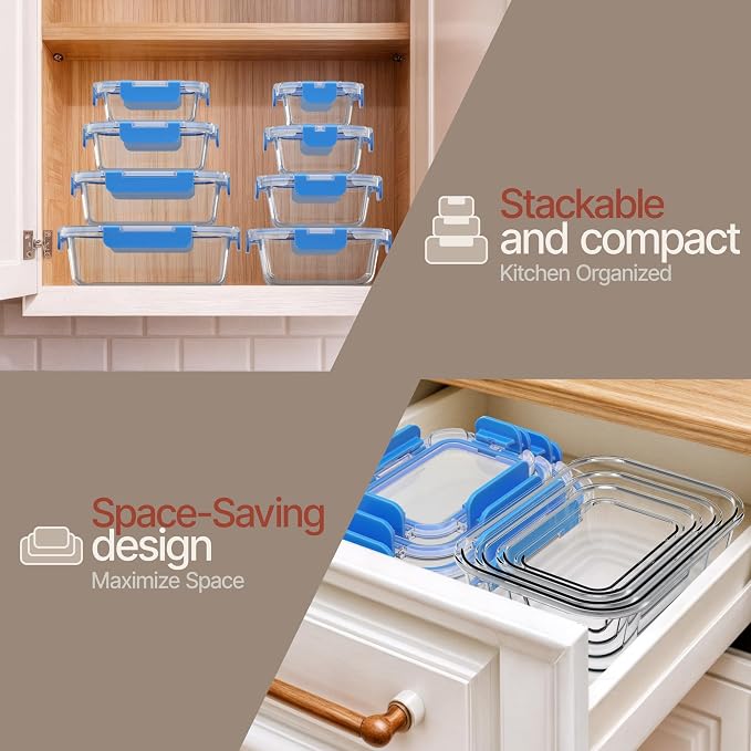 Bakken Borosilicate Glass Food Storage Containers with Lids 16 Pieces, BPA-Free Stackable Lunch & Leftover Containers, Microwave, Freezer & Dishwasher Safe, 100% Airtight Leak-Proof, Blue - Image 9