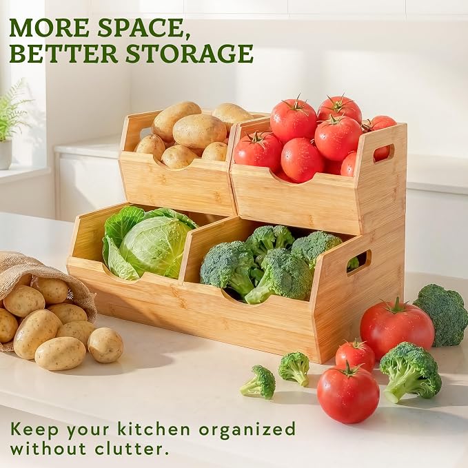 HOMESTEAD Extra Large Bamboo Pantry Storage Bins – 30% Larger, Stackable Potato Onion Storage Bin, Large Pantry Organizers and Storage, Produce Vegetable Organizer, Set of 3 - Image 3