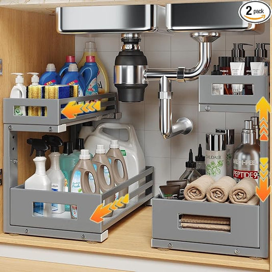 2-Pack Under Sink Organizers and Storage,2-Tier L Shape Pull Out Cabinet Organizer With Round Tube Slide Rails,Hight Adjustable Slide Out Drawers for Kitchen&Bathroom,Multi-Purpose Storage Shelf-Gray by UnderSinkOrganizer