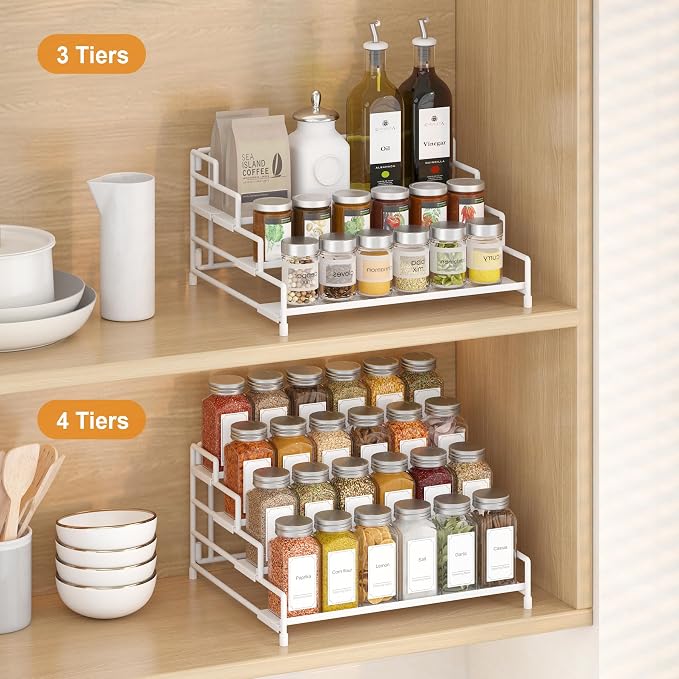 RUILALIFE 4-Tier-Spice-Rack-Organizer-for-Cabinet, Adjustable Depth Spice Holder Shelf For Countertop Pantry Cupboard, Metal Tiered Seasoning Organizer,Display Shelf Riser (White-2 Pack) - Image 2