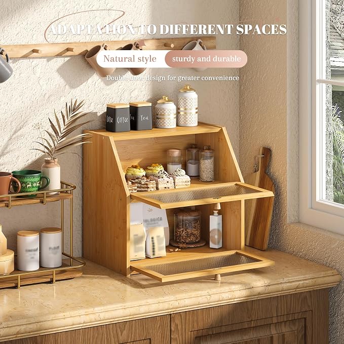 STDDRE Bread Box for Kitchen Countertop Bin Double Layer Bread Box Storage Container Extra Large Capacity with Diamond Pattern Windows (Natural, Extra Large) - Image 4
