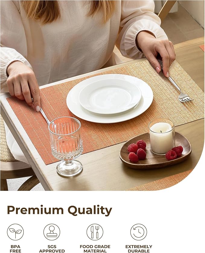Leetaltree Gradient Burnt Orange Woven Placemats Set of 12 - Heat Resistant Non-Slip Fall Place Mats for Dining Table, Washable Durable PVC Vinyl Woven Table Mats(Gradient Orange-red, 12) - Image 4