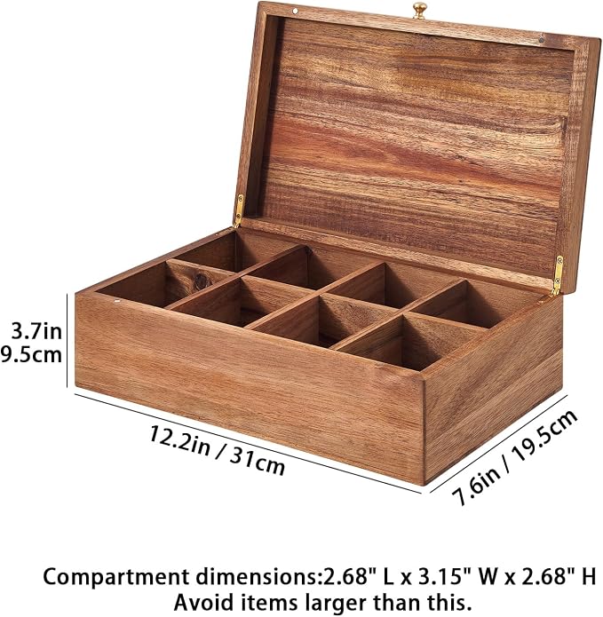 SARUFO Acacia Wood Tea Bag Organizers, Tea Packet Storage Boxes, 8-Compartment Tea Caddy for Tea Bags Chest, Teabag Holder Containers, Teabox Station Display - Image 2