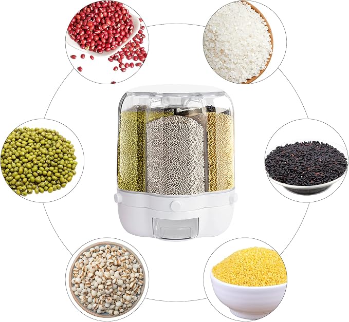 360° Rotating Grain Dispenser with 6 Grids, 27lbs Large Capacity Grain Dispenser Rotating Kitchen Storage Containers With Sealed Lid for Cereals, Oatmeal and Candy - Image 9