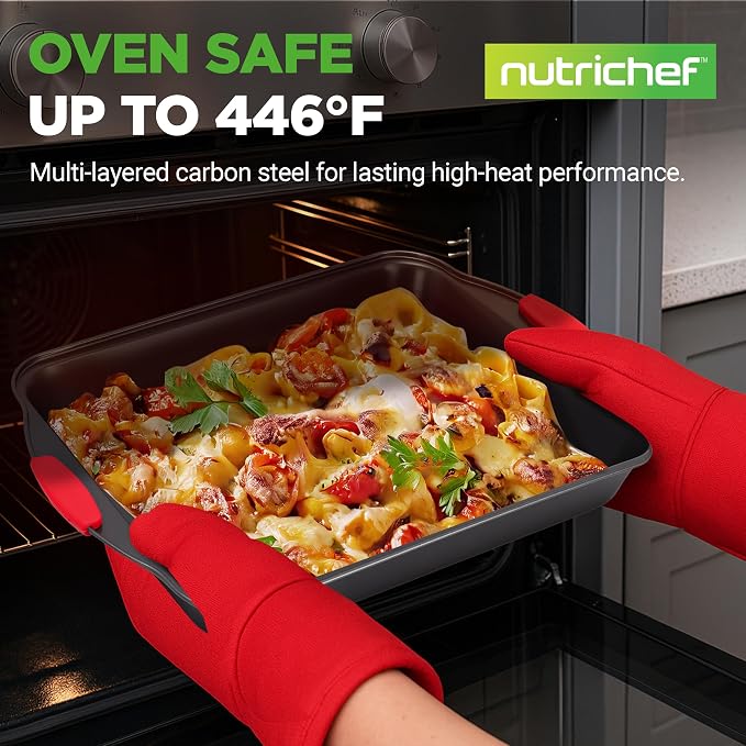 NutriChef Non-Stick Kitchen Oven Baking Pans-Deluxe & Stylish Nonstick Gray Coating Inside Outside, Commercial Grade Restaurant Quality Metal Bakeware with Red Silicone Handles NCSBS8S, 8 Piece Set - Image 2