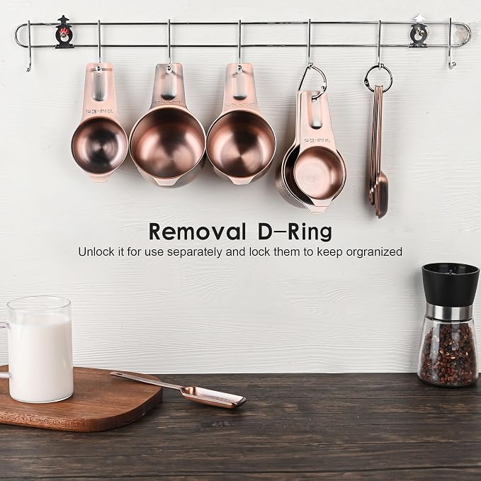 Copper Measuring Cups and Spoons Set 17, 7 Stainless Steel Measuring Cups&9 Long Hanlde Narrow Measuring Spoons for Spice Jar&Leveler, Kitchen Metric&US Measure Cup Spoons for Dry and Liquid - Image 9