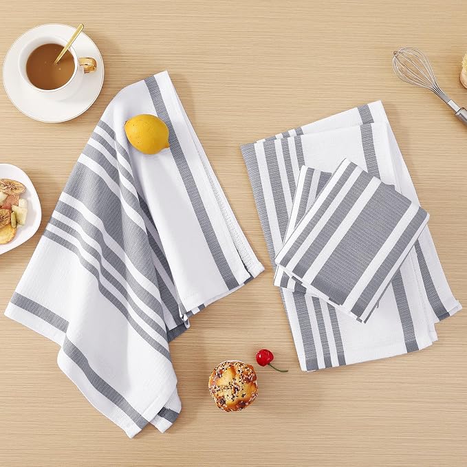 Homaxy Premium Cotton Stripe Kitchen Towels 8 Pack, 18"x 28", Grey | Large 380 GSM Kitchen Hand Towels, Soft Terry Dish Towels, Highly Absorbent Tea Towel Set with Hanging Loop - Image 6