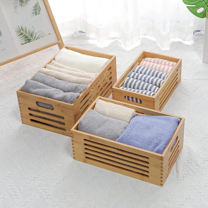 ANMINY Wood Storage Bins Crates, Nesting 3PCS, Mortise-Tenon | Natural Bamboo Boxes Bins with Built-in Handles, Sturdy Corner Joints, Hollow Stripe Design, Nestable for Pantry Shelf - Image 7
