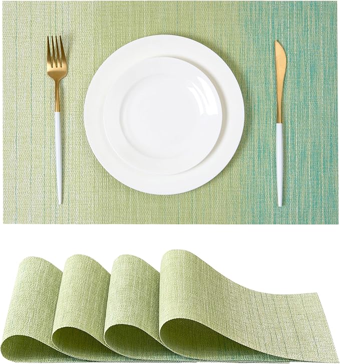 Leetaltree Gradient Green Woven Placemats Set of 4 - Heat Resistant Non-Slip Place mats for Dining Table, Washable Durable PVC Vinyl Woven Table Mats(Gradient Green, 4) by Leetaltree-ArtatEveryTable