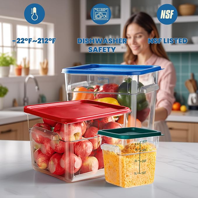 BIEAMA 4 Pack 4 Qt Square Food Storage Containers with Lids, NSF, Clear | Commercial polycarbonate containers with scale markings and handles; stackable for prep, brining, fermentation & bulk storage - Image 5