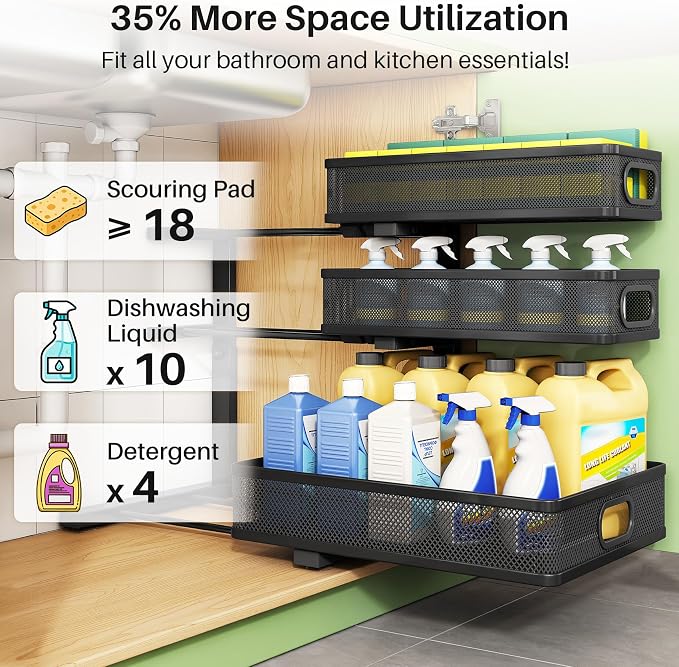 Kitstorack Under Sink Organizer, 2-Pack 3-Tier Height Adjustable Thickened Metal Pull out Cabinet Organizer Shelf, Slide out Storage Drawer Rack for Bathroom Kitchen Pantry Home Laundry Organization - Image 5
