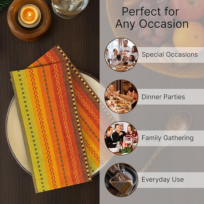 LFH Home Cotton Rich Cloth Salsa Napkin Set of 6 Washable Soft Durable Striped Table Napkins for Dining Wedding, Daily Use Reusable Eco-Friendly Napkins for Elegant Table Settings(18x18)-Orange - Image 4