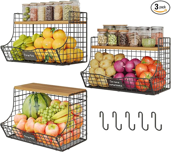 3 Pack Extra Large Fruit Basket for Kitchen with Wood Lid Nameplate - Counter&Wall Mounted Onion and Potato Storage Bin, Stackable Metal Hanging Wire Baskets,15.74 * 8.66 * 10.63 inch by Jautokerdar