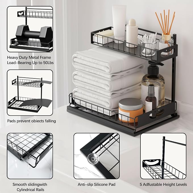 Under Sink Organizer with Pull-Out Drawers,Kitchen Sink Organizer,2 Tier Bathroom Organizers And Storage,Bathroom Accessories Set,Black 2 Pack - Image 6