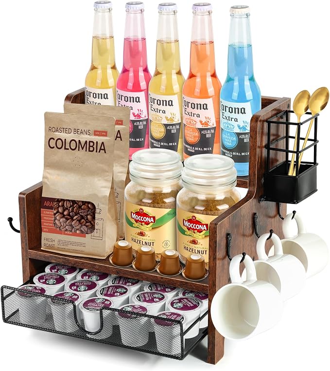 3-Tier Coffee Station Organizer for Countertop, Wood Coffee Bar Organizer with Drawer, Rustic Coffee and Tea Condiment Organizer, K-Cups Coffee Corner Organizer with 6 Hooks for Coffee Bar Accessories by TeaBunch