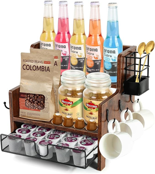 3-Tier Coffee Station Organizer for Countertop, Wood Coffee Bar Organizer with Drawer, Rustic Coffee and Tea Condiment Organizer, K-Cups Coffee Corner Organizer with 6 Hooks for Coffee Bar Accessories by TeaBunch