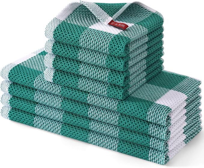 Homaxy Kitchen Towels and Dishcloths Set, Set of 8, White & Teal | Bulk Cotton Waffle Weave Check Plaid Kitchen Towels, Super Soft and Absorbent Dish Cloths, 12 x 12 and 13 x 28 Inches by Homaxy