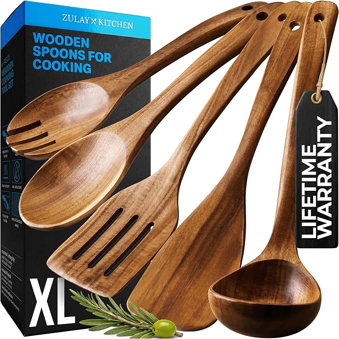 Zulay Kitchen Extra-Large 5-Piece Wooden Spoon Set - Smooth Teak Cooking Utensils - Comfort-Grip Non-Stick Turner, Spatula, Skimmer, Fork, Serving Spoon by ZulayKitchen