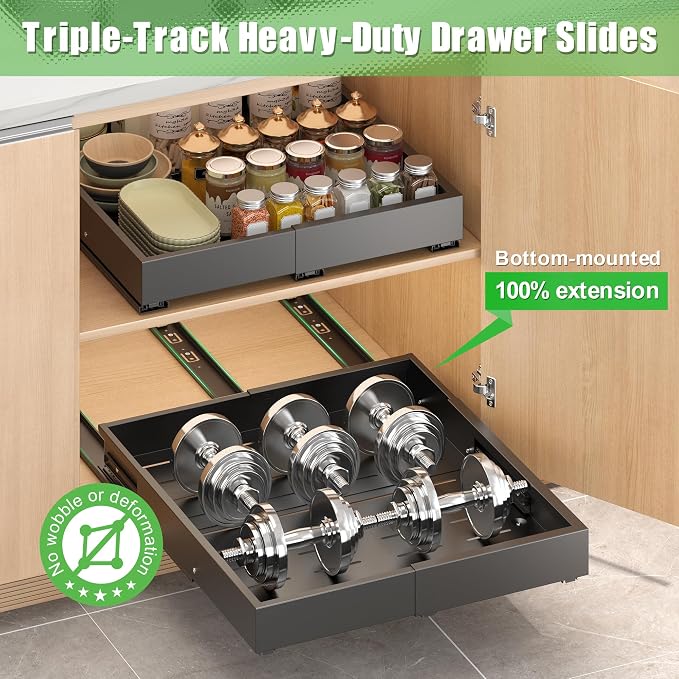 2 Pcs Pull Out Drawers for Cabinets Organizer Expandable Width(11.8"-19.4"), Depth(16.45"-21.7") With 3 Rails, No Drill Roll Out Drawer, Adhesive Sliding Drawers for Kitchen Pantry Storage (Black) - Image 5